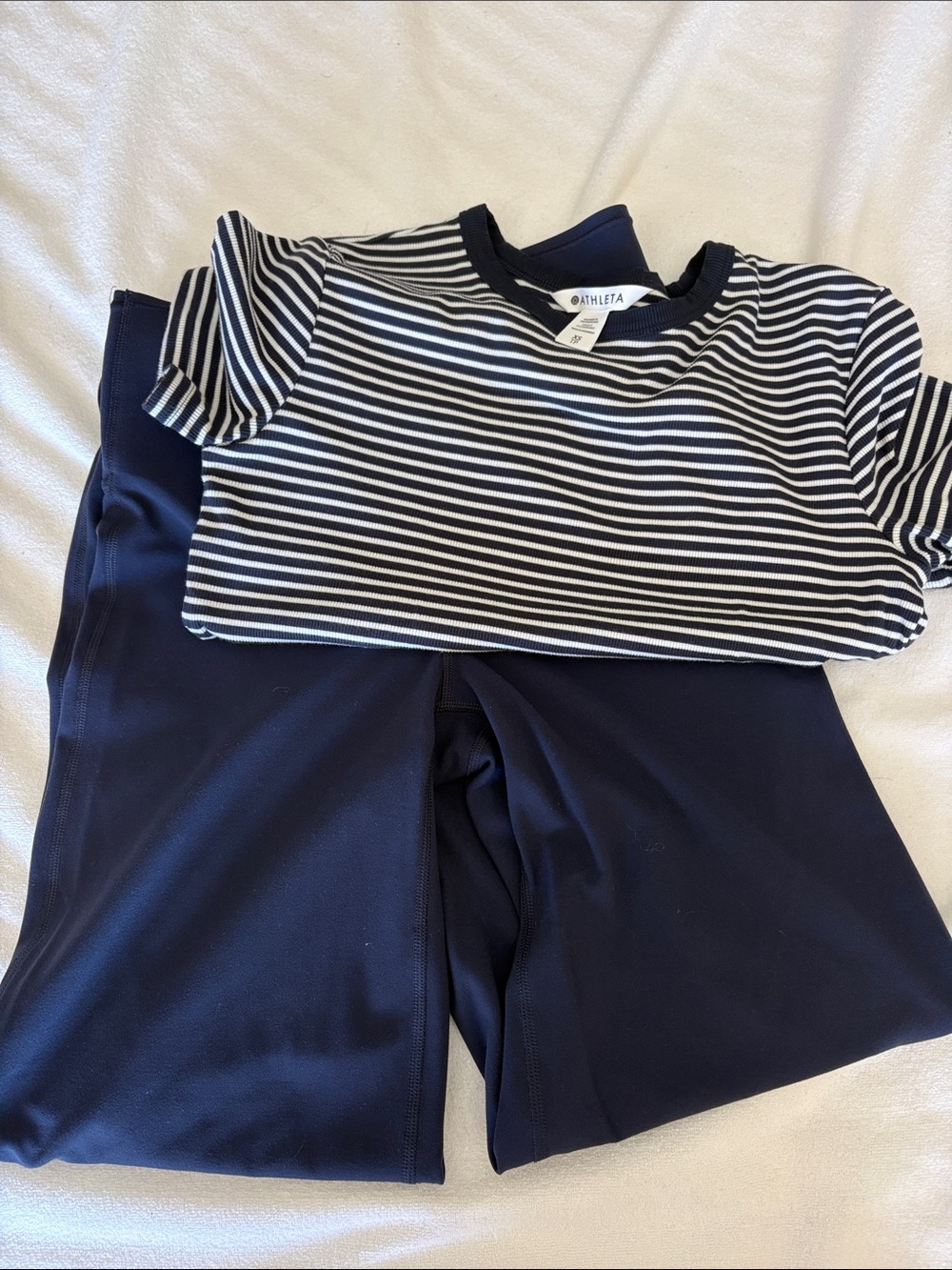 Athleta Navy and White Striped Short Sleeve Tee and pant set